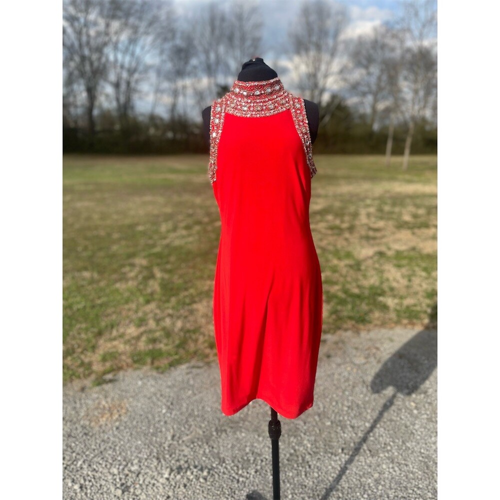 SL Fashions New York Dress Womens Medium Red Embellished Halter Sheath